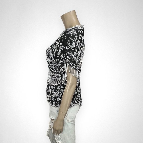 Vintage PATRA Black White Sequined Silk Top 8‎ - Picture 2 of 13